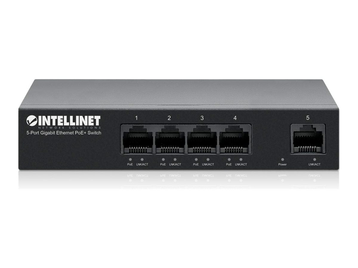 INTELLINET 5-Port Gigabit Ethernet PoE+ Switch 4x PSE PoE+ 1x Gigabit PoE-Leistungsbudget 40 W Desktop-Format optionale Wandmontage