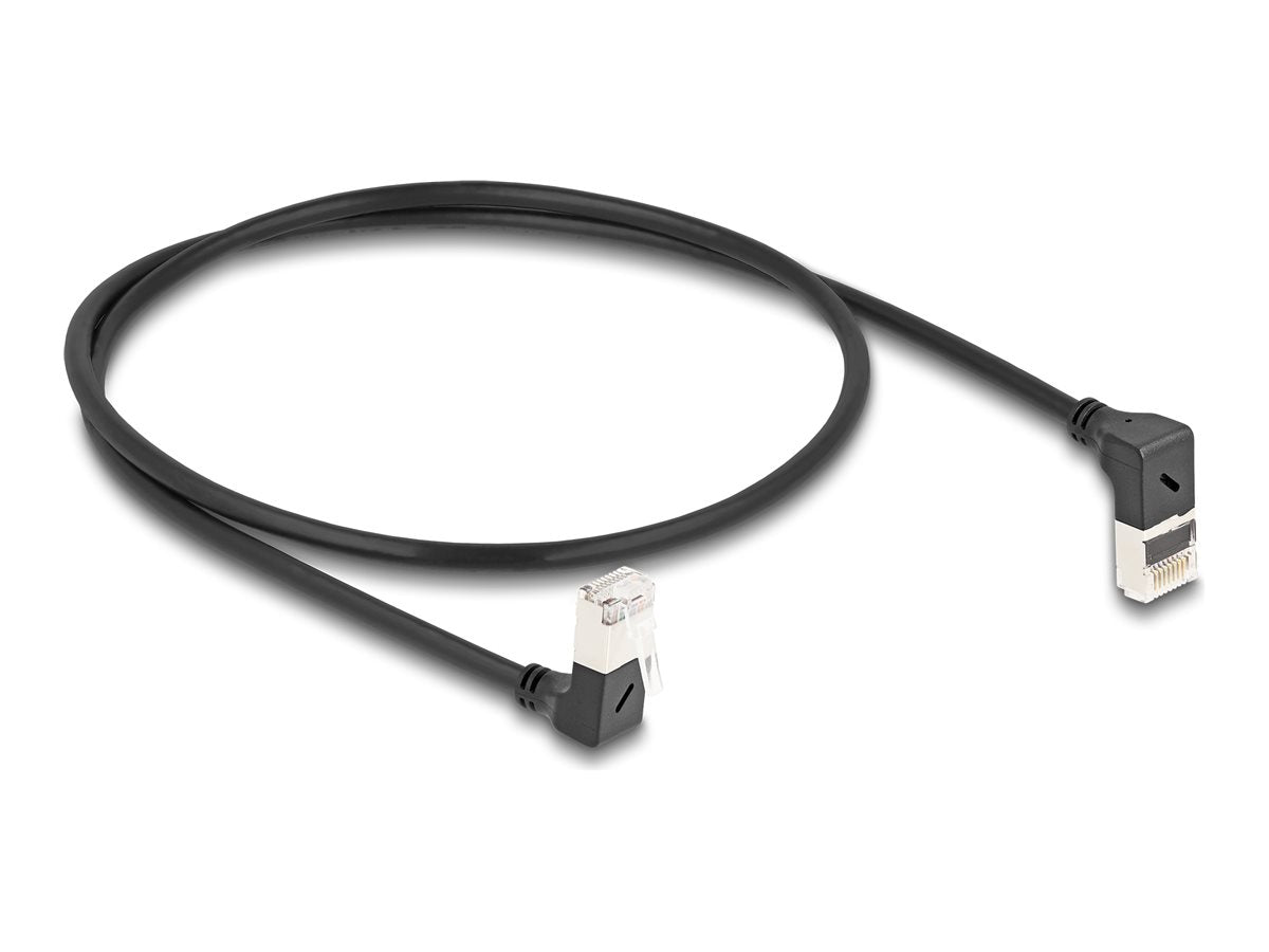 DELOCK RJ45 Netzwerkkabel Cat.6A S/FTP Slim 90 oben / unten gewinkelt 0,5m schwarz - Vorderansicht