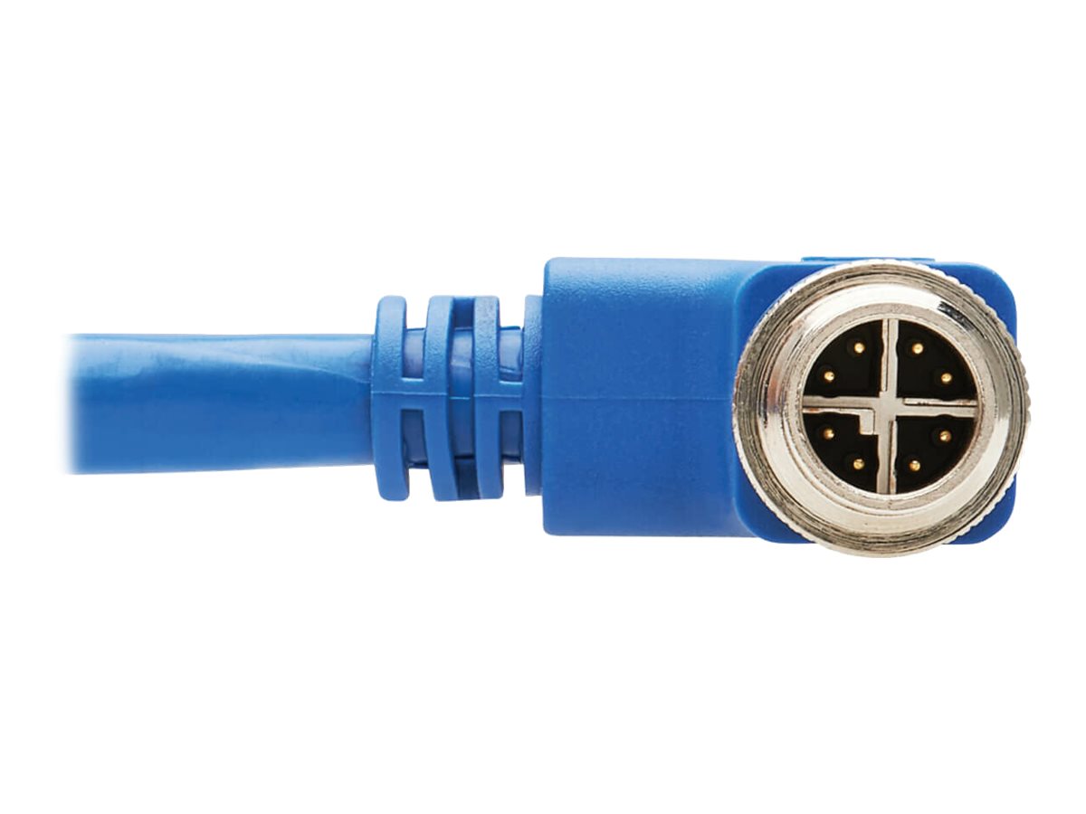 EATON TRIPPLITE M12 X-Code Cat6a 10G F/UTP CMR-LP Shielded Ethernet Cable Right-Angle M/M IP68 PoE Blue 5m 16