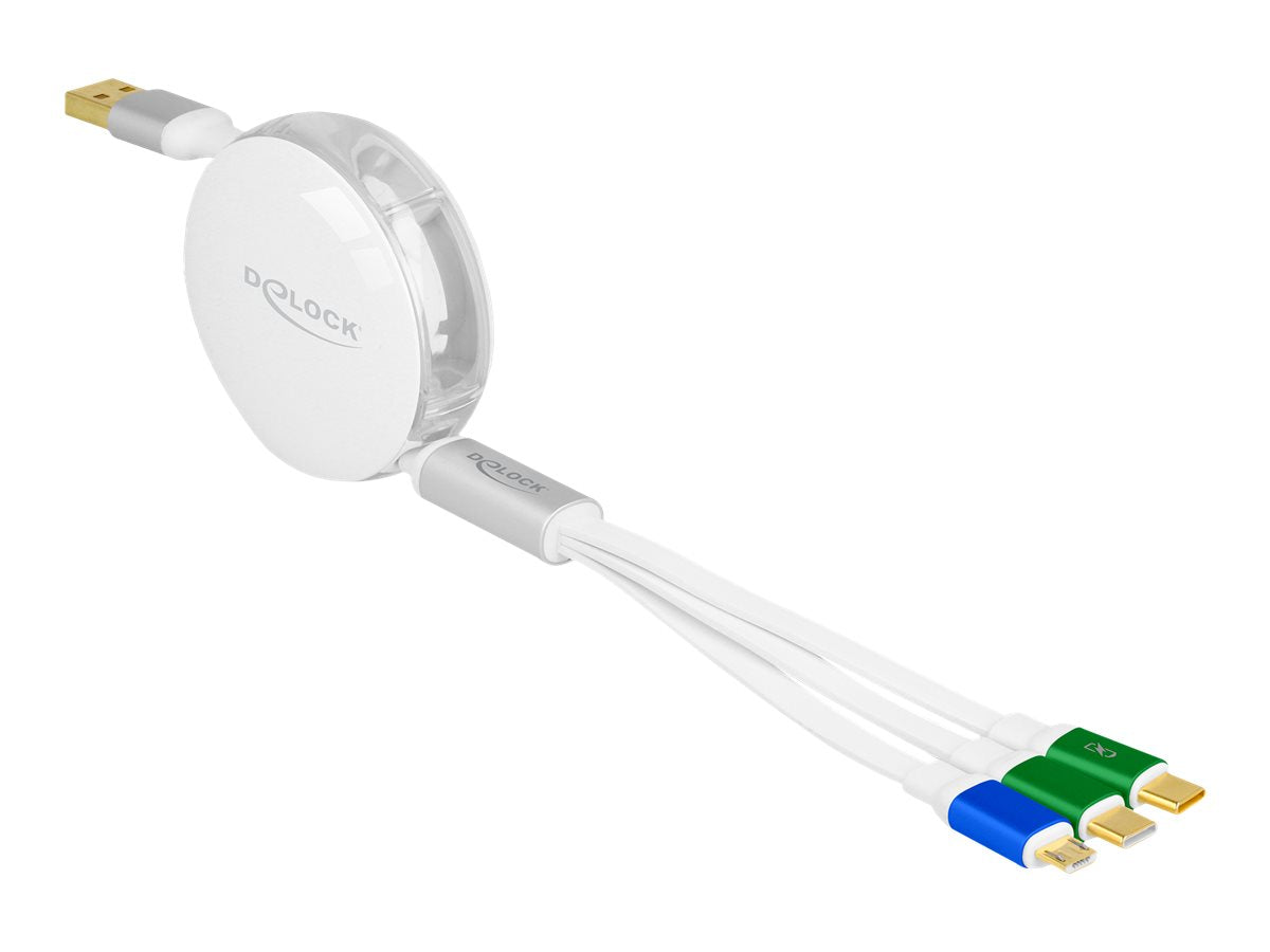 DELOCK USB 3 in 1 Aufrollladekabel Typ-A zu Micro USB / 2 x USB Type-C - Vorderansicht