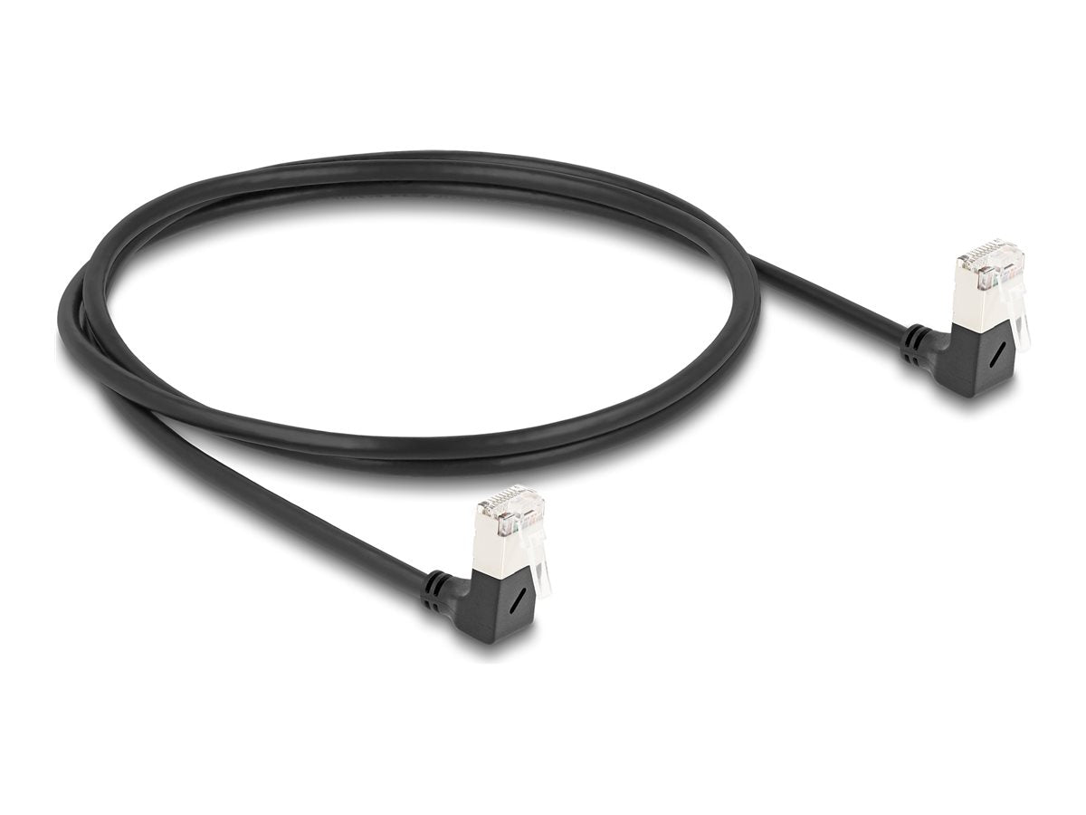 DELOCK RJ45 Netzwerkkabel Cat.6A S/FTP Slim 90 unten gewinkelt Vorderansicht