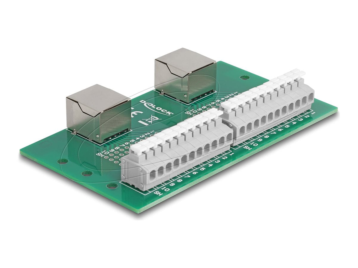DELOCK RJ50 2 x Buchse zu 2 x Terminalblock mit Drucktaster für Hutschiene - Vorderansicht