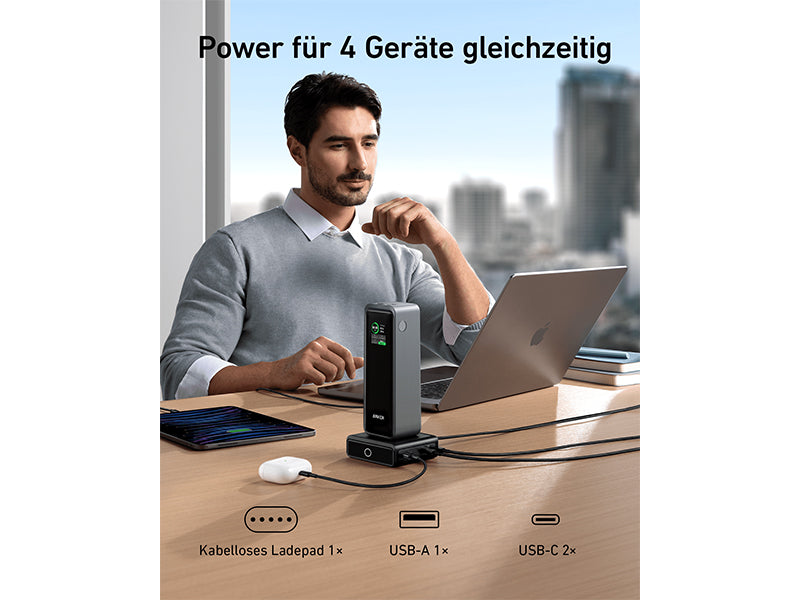 ANKER Charging Base 4-in-1 Ladestation 100W fuer Anker Prime Powerbanks 1x USB-A 2x USB-C 1x Ladepad schwarz
