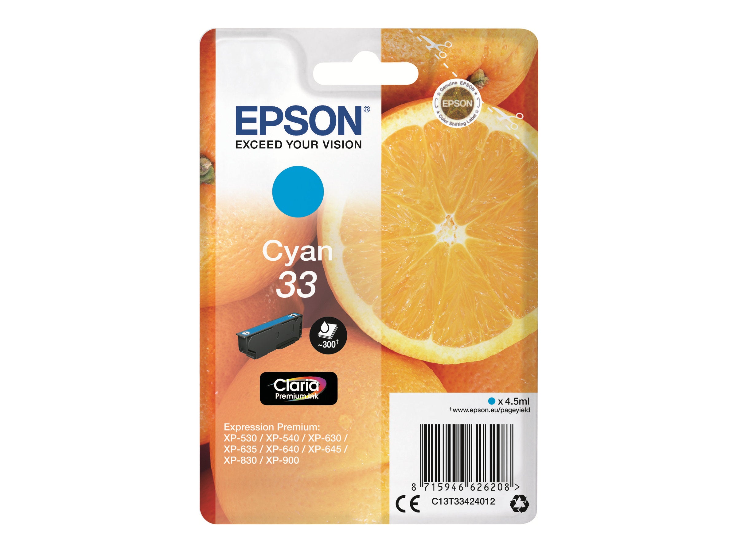 EPSON 1LB Singlepack Cyan 33 Claria Premium Ink Vorderansicht