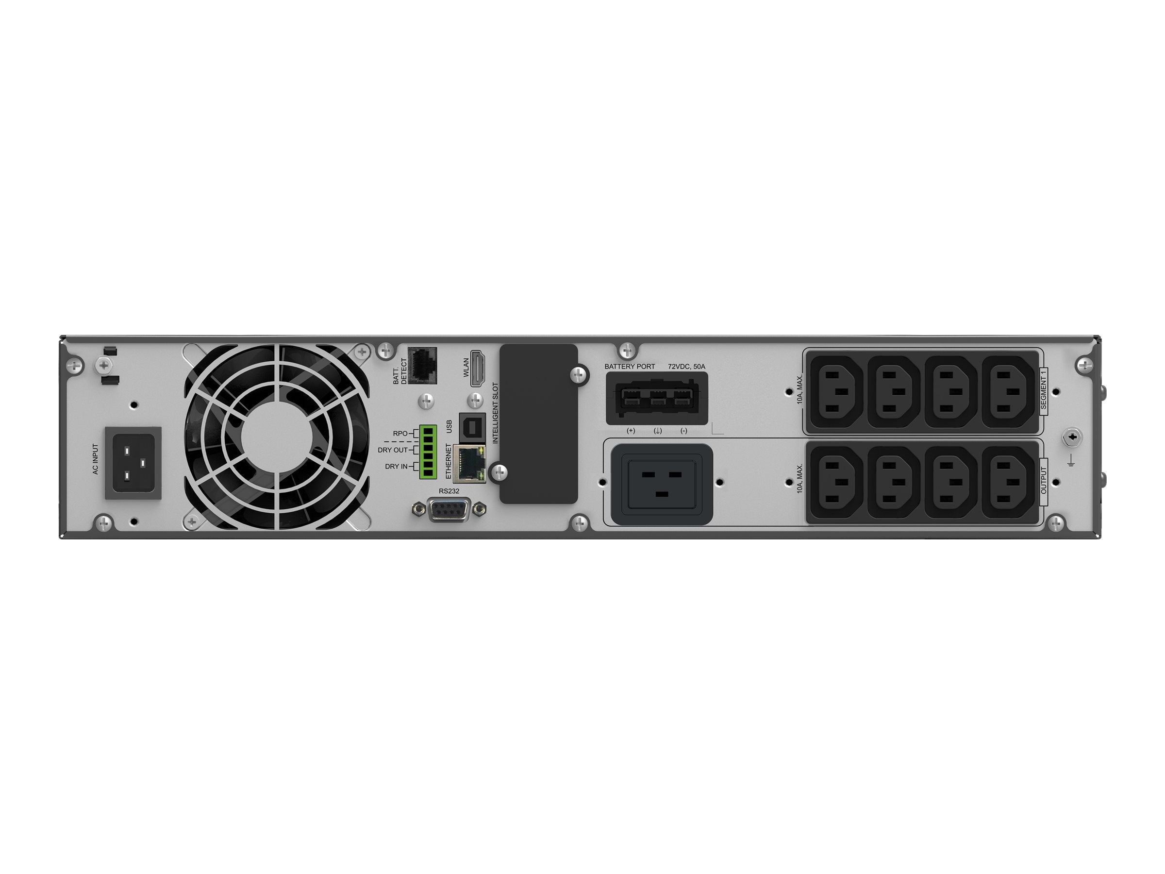 Detailansicht der Anschlüsse der BLUEWALKER VFI 3000 ICR IoT 3000VA/3000W Online USV