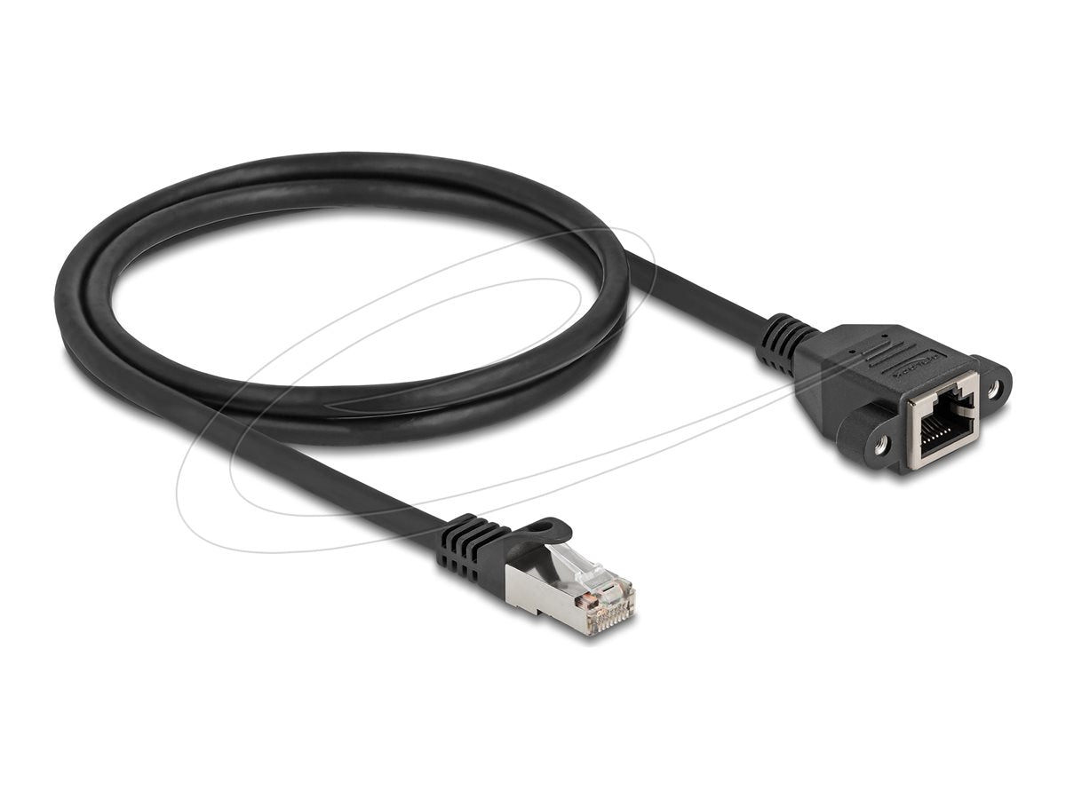 DELOCK Netzwerk Verlängerungskabel S/FTP RJ45 Stecker zu RJ45 Buchse Cat.6A flache Ausführung 1m schwarz - Vorderansicht