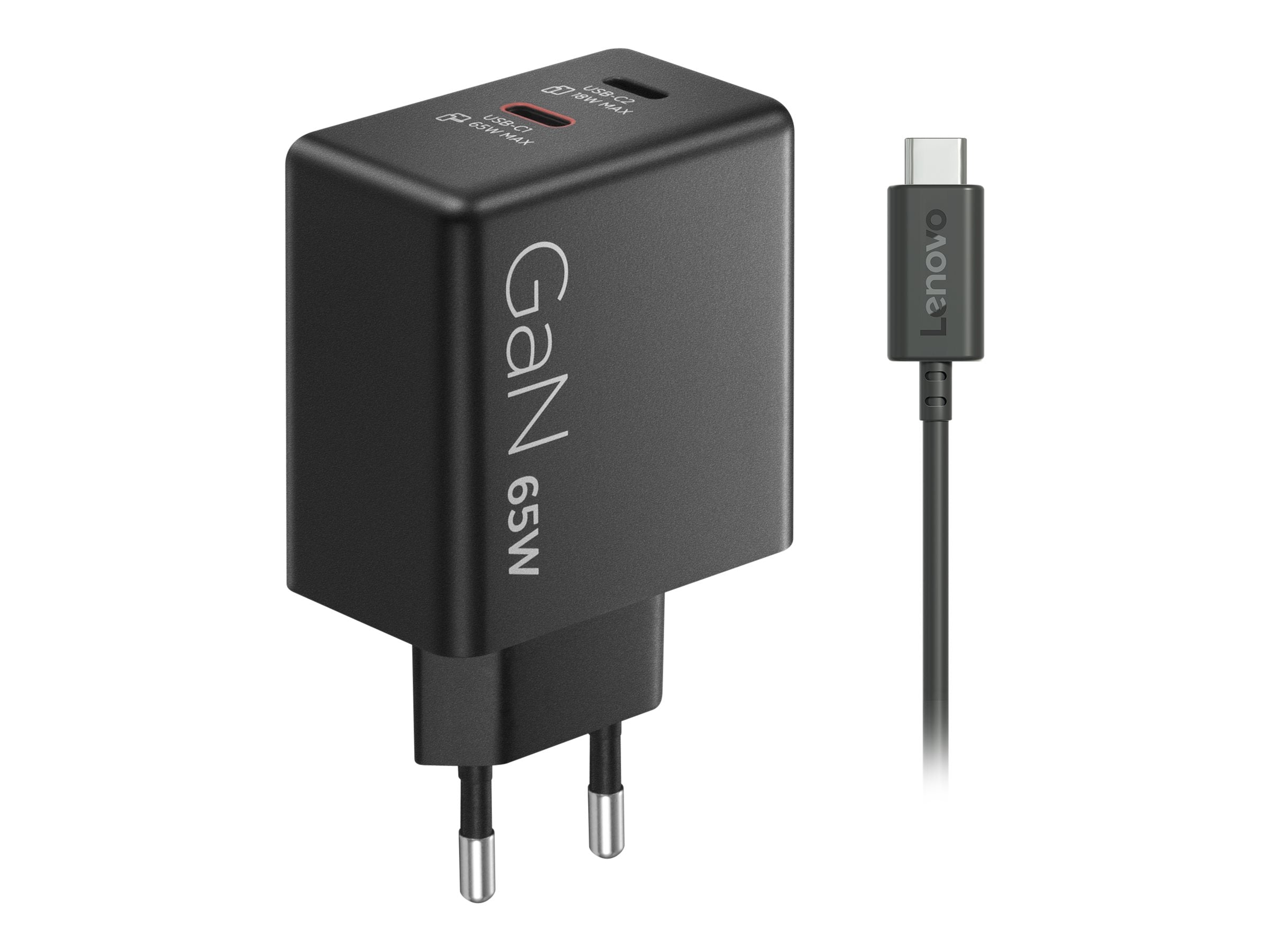 LENOVO Dual USB-C 65W GaN Charger Black EU - Vorderansicht