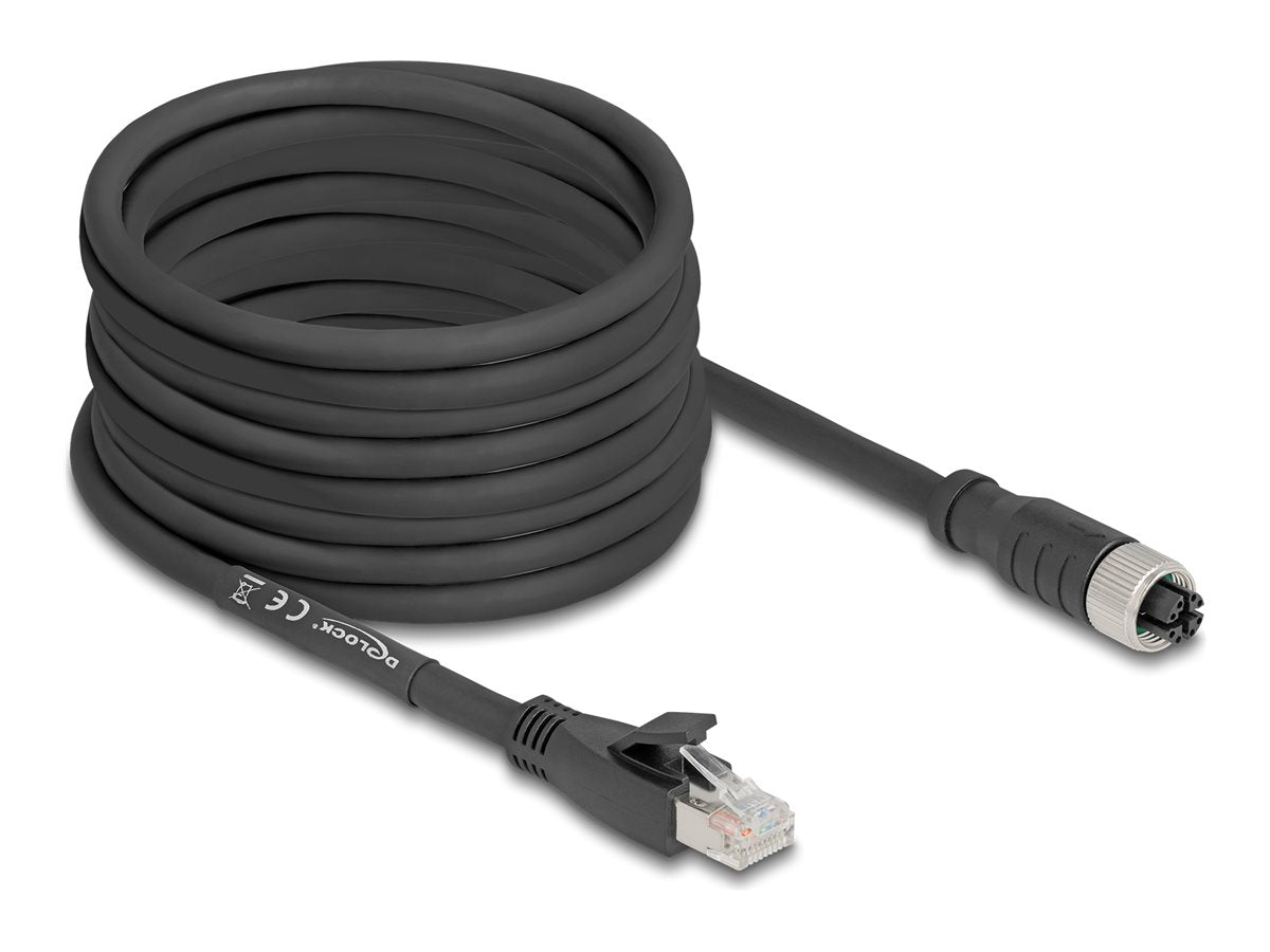 DELOCK M12 Kabel X-kodiert 8 Pin Buchse zu RJ45 Stecker Cat.5e S/FTP 10m schwarz - Vorderansicht