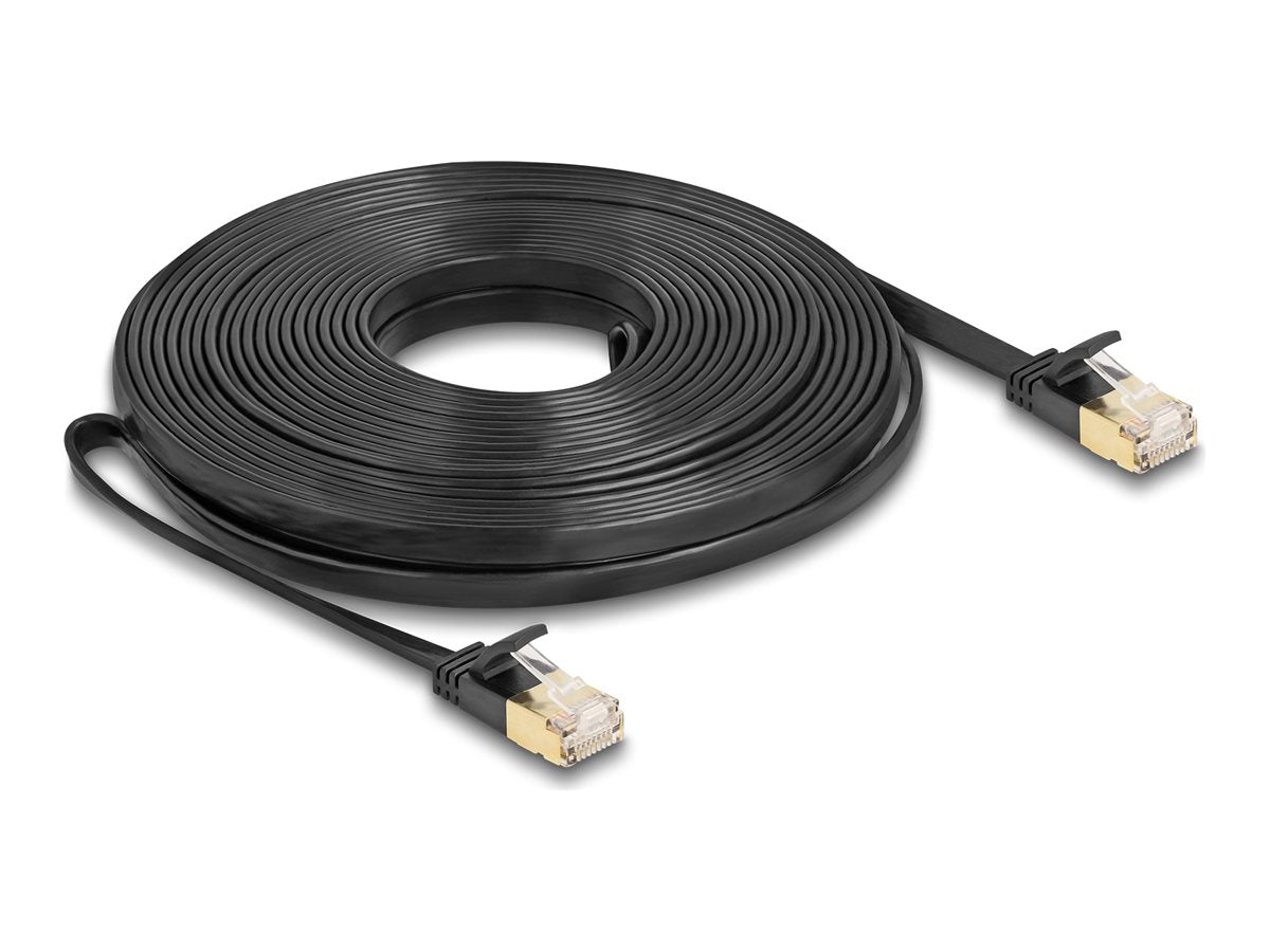 DELOCK RJ45 Netzwerkkabel Cat.6A Stecker zu Stecker mit robuster Rastnase und Cat.7 Rohflachbandkabel U/FTP 10 m schwarz