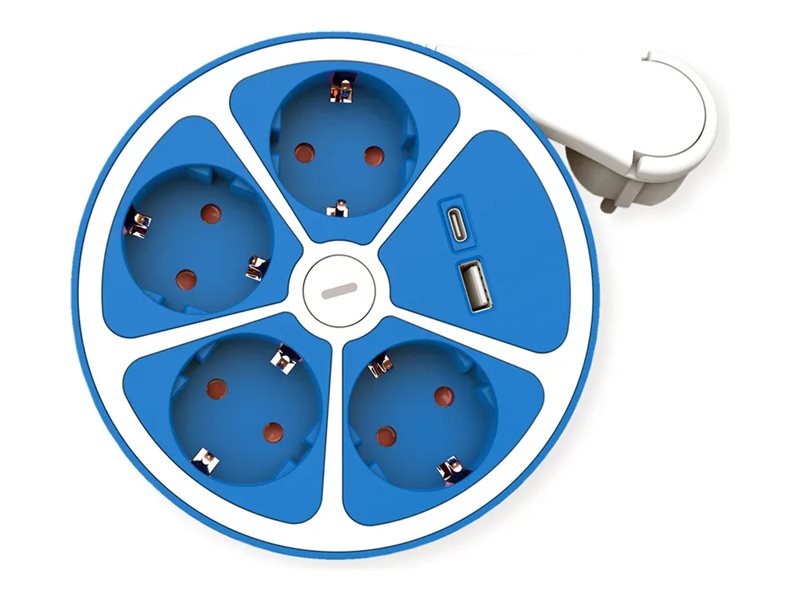 ROLINE 4-fach Steckdosenleiste mit Schalter rund USB-Charger A+C blau 3m - Vorderansicht