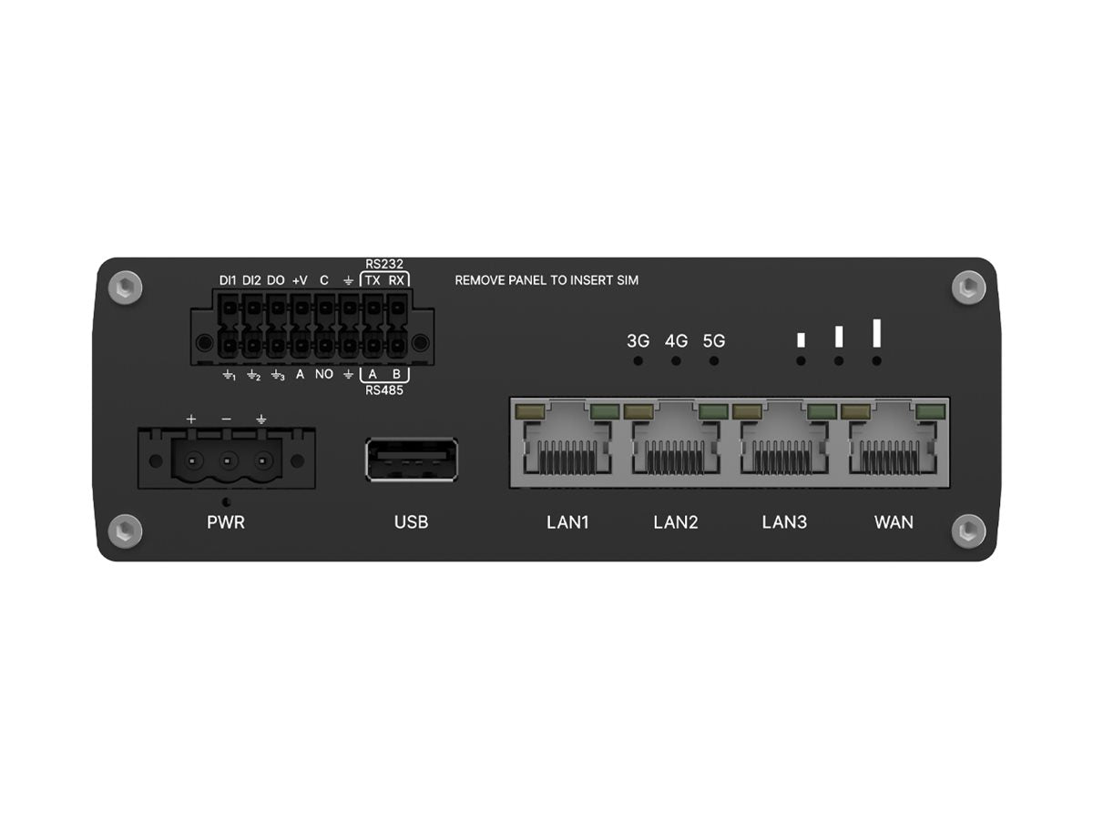 Vorderansicht des TELTONIKA NETWORKS RUTM55 5G Industrial Router