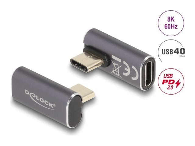 DELOCK USB Adapter 40 Gbps USB Type-C PD 3.0 100 W Stecker zu Buchse gedreht gewinkelt links / rechts 8K 60 Hz Metall