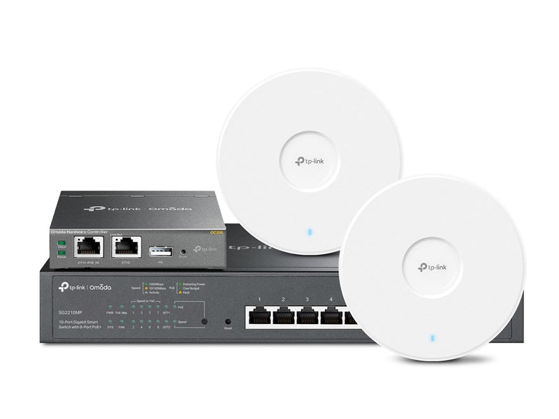 TP-LINK Omada NFR Kit M 1x OC200 2x EAP723 1x SG2210MP Vorderansicht