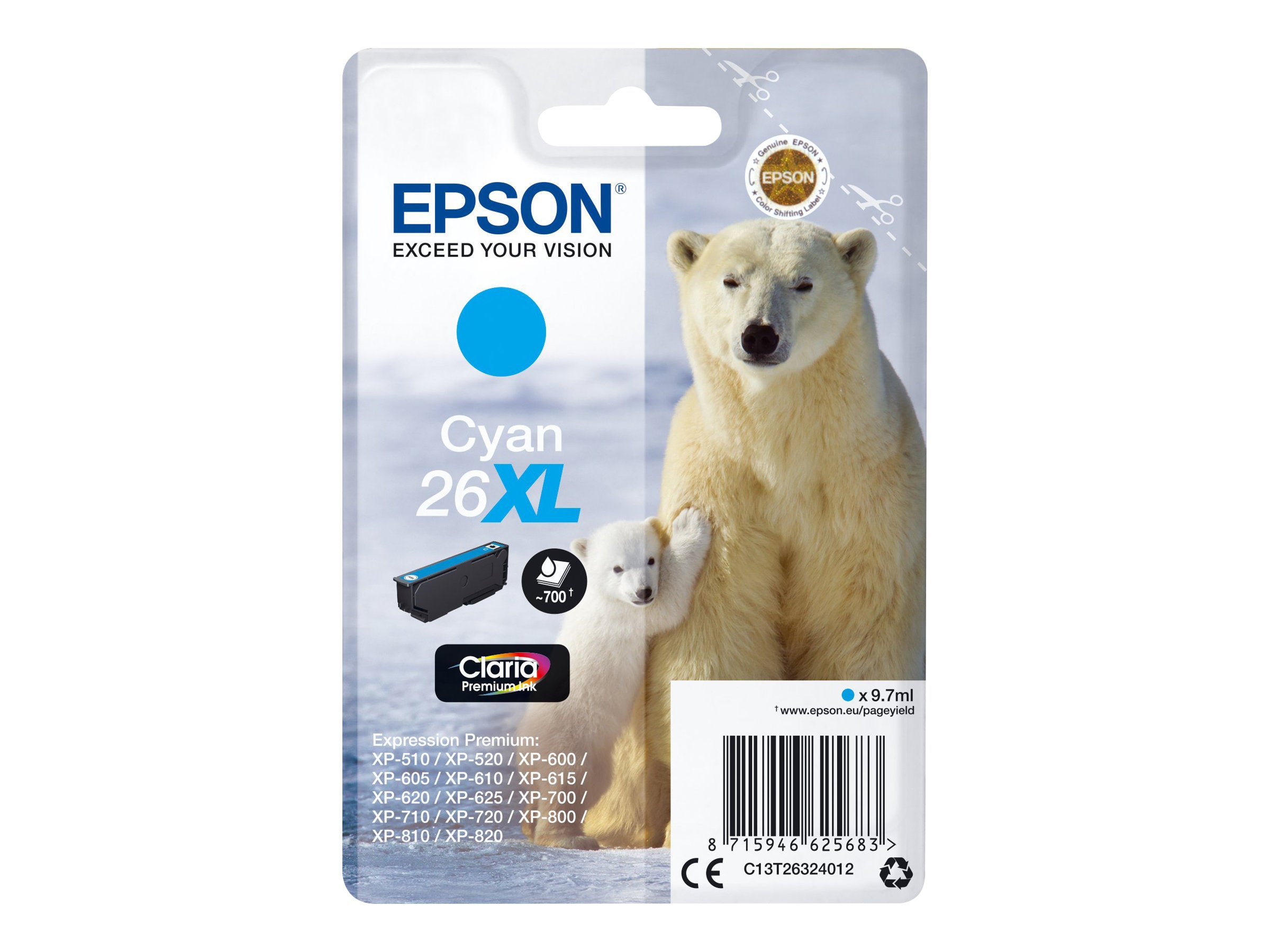 EPSON 26XL Tintenpatrone Cyan Vorderansicht