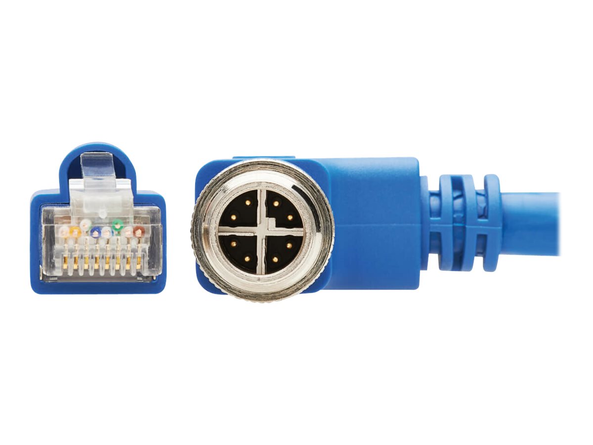 EATON TRIPPLITE M12 X-Code Cat6a 10G F/UTP CMR-LP Shielded Ethernet Cable Right-Angle M12m/RJ45m IP68 PoE Blue 10m
