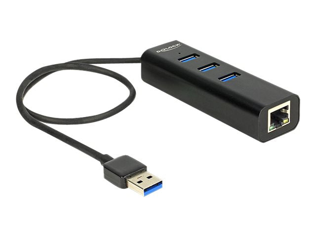 DELOCK HUB USB 3.0 3 Port extern + 1 x Gigabit LAN Port schwarz - Vorderansicht