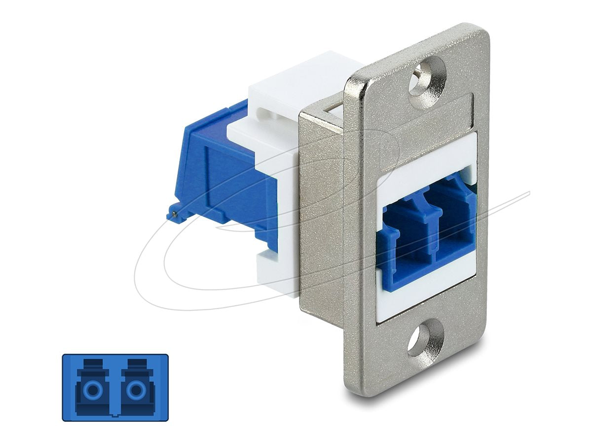DELOCK Panel Mount LC Duplex Buchse zu LC Duplex Buchse mit Laserschutzklappe innen silber / blau / weiss