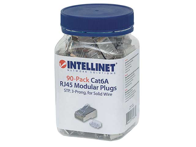 INTELLINET Cat6a RJ45 Modularstecker STP 3-Punkt-Aderkontaktierung fuer Massivdraht 90 Stecker pro Becher