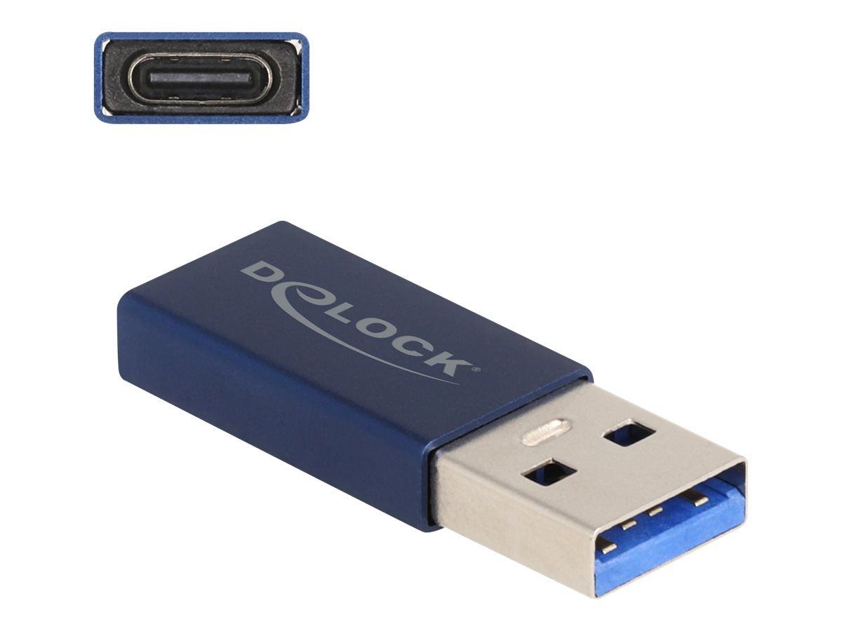 DELOCK USB 10 Gbps Adapter USB Typ-A Stecker zu USB Type-C Buchse aktiv blau - Vorderansicht