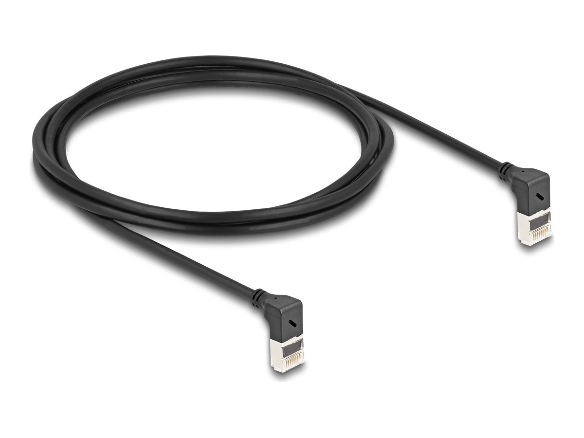 DELOCK RJ45 Netzwerkkabel Cat.6A S/FTP Slim 90 oben / oben gewinkelt 2m schwarz - Vorderansicht
