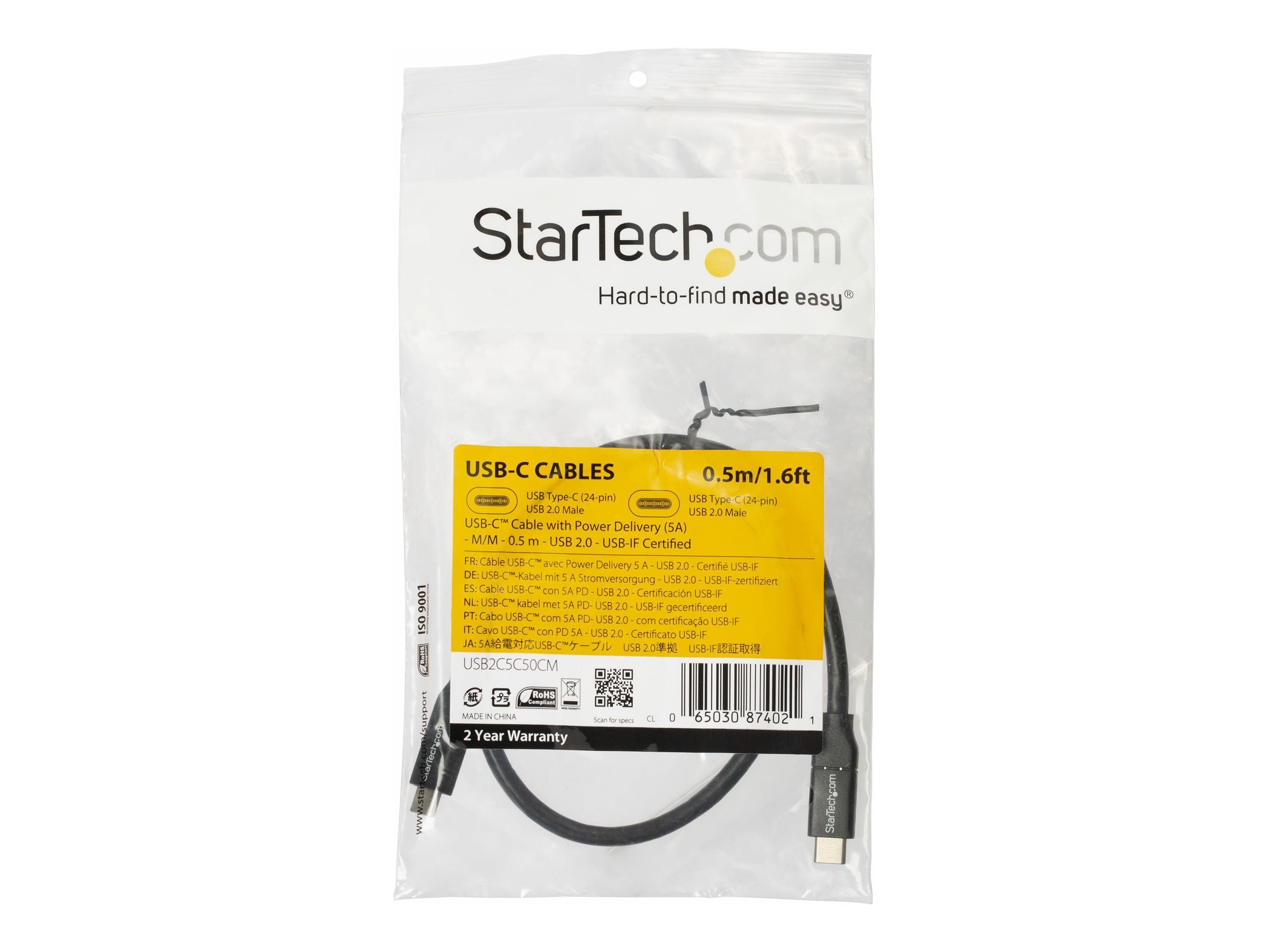 STARTECH.COM USB C to USB C Cable - 1.5 ft / 0.5m - 5A PD - White - USB 2.0 - USB-IF Certified - USB Type C Cable - Charging Cable
