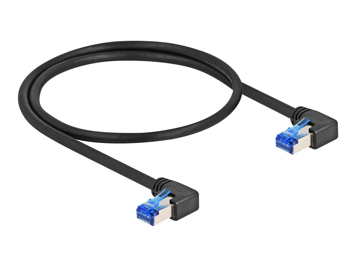 DELOCK RJ45 Netzwerkkabel Cat.6A S/FTP rechts gewinkelt 0,5m schwarz - Vorderansicht