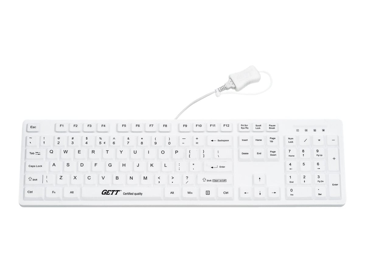 GETT GCQ CleanType Easy Protect Silikon Tastatur mit Kunststoffgehaeuse NUM-Block 105 Tasten IP68 USB Farbe: weiss Layout: US