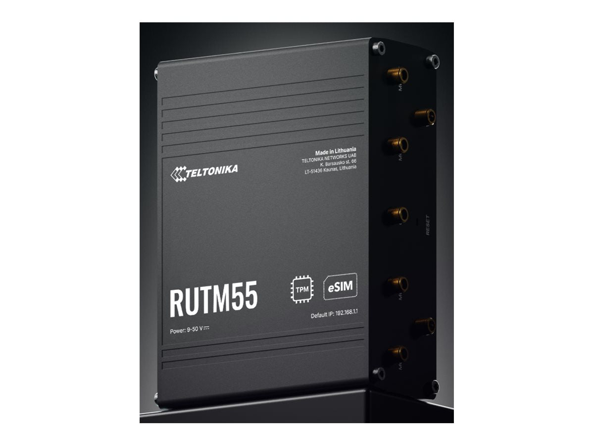Detailansicht der Anschlüsse des TELTONIKA NETWORKS RUTM55 5G Industrial Router