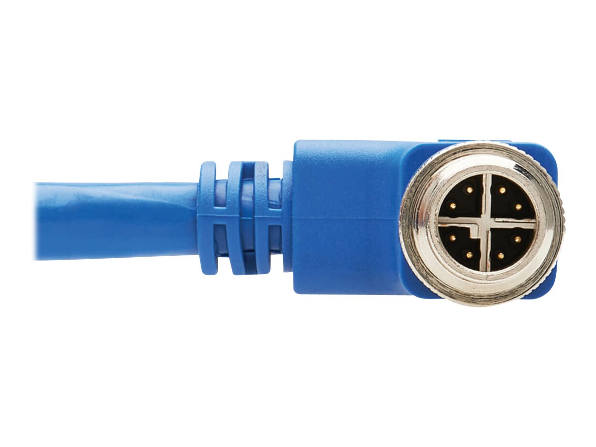 EATON TRIPPLITE M12 X-Code Cat6a 10G F/UTP CMR-LP Shielded Ethernet Cable Right-Angle M/M IP68 PoE Blue 1m 3