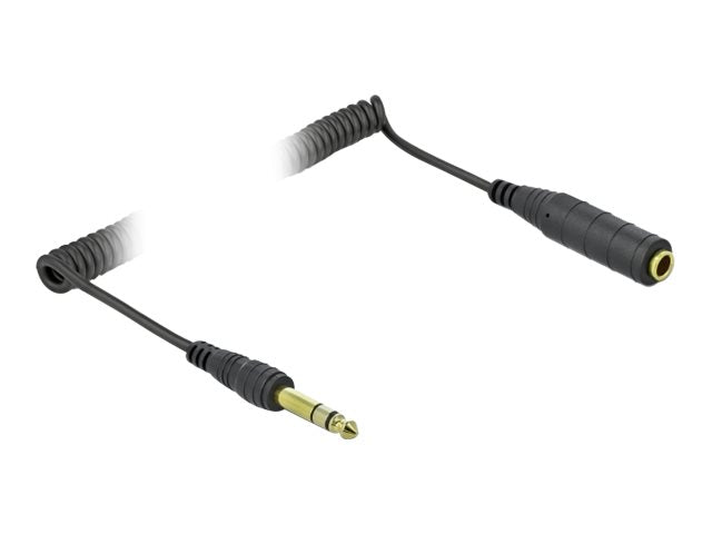 DELOCK Spiralkabel Verlängerung 6,35mm 3 Pin Klinkenstecker zu Klinkenbuchse 2m schwarz - Vorderansicht