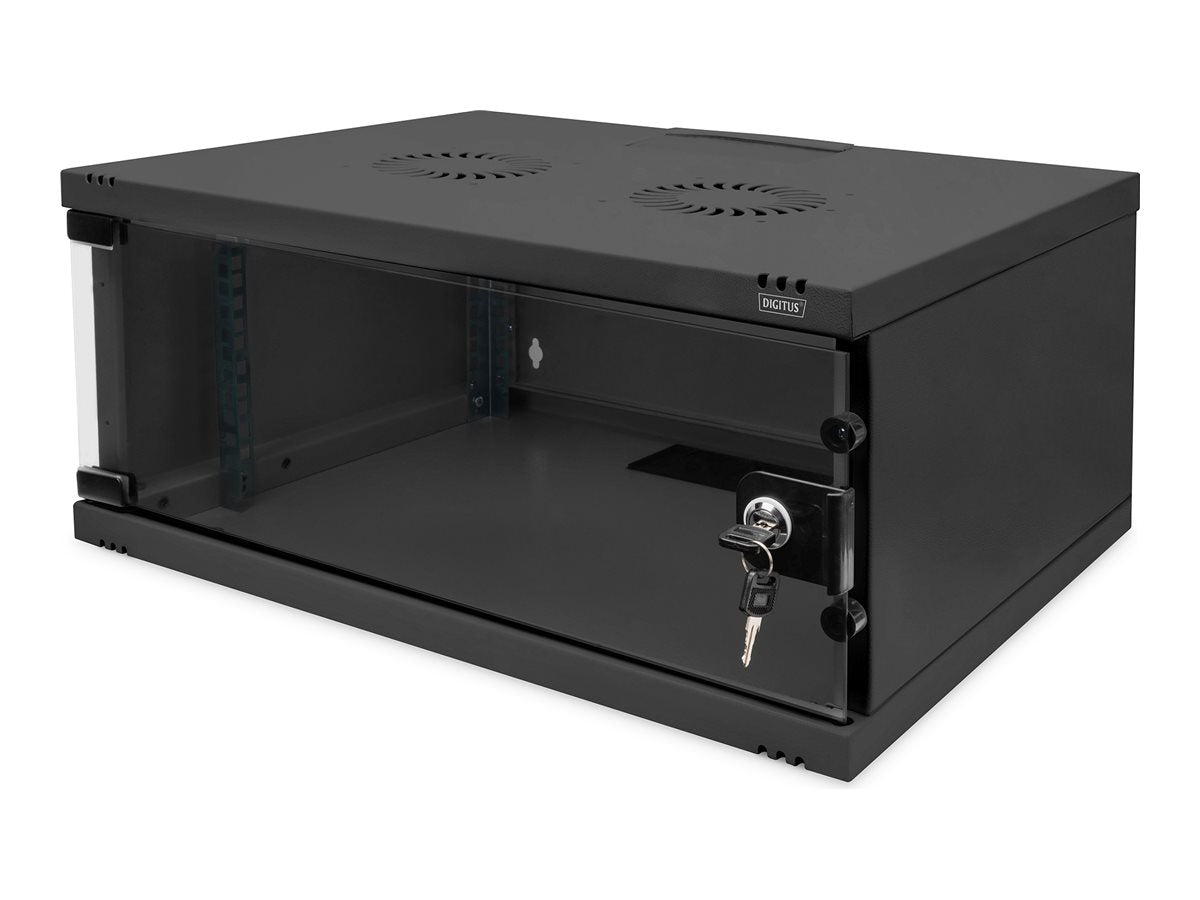 DIGITUS 4U Wandmontageschrank SOHO unmontiert 241x540x400mm mit Glastür schwarz - Vorderansicht