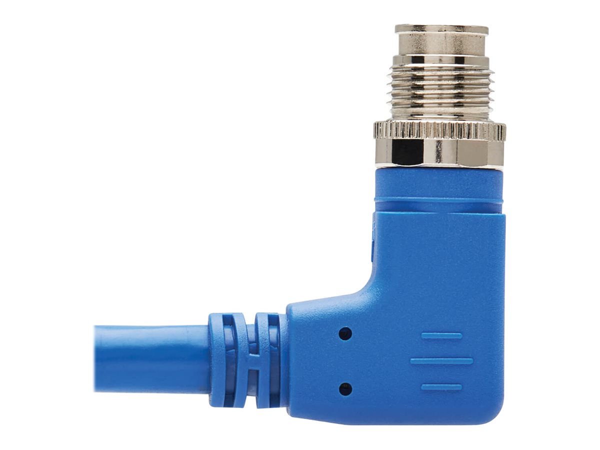 EATON TRIPPLITE M12 X-Code Cat6a 10G F/UTP CMR-LP Shielded Ethernet Cable Right-Angle M/M IP68 PoE Blue 1m 3