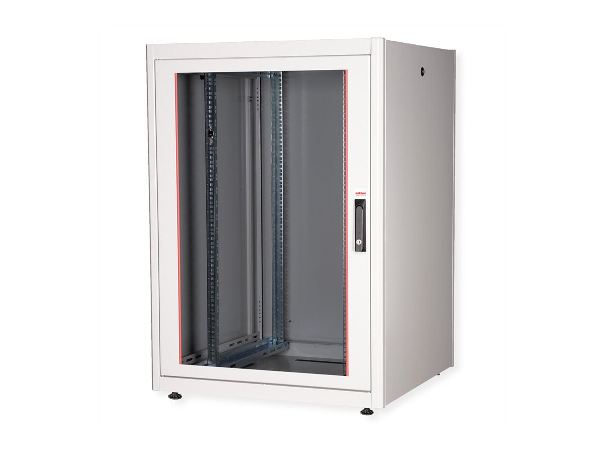ROLINE Netzwerkschrank Basic 48,26cm 19Zoll 22 HE 800x800 BxT Glastür grau - Innenansicht mit Kabeleinlässen