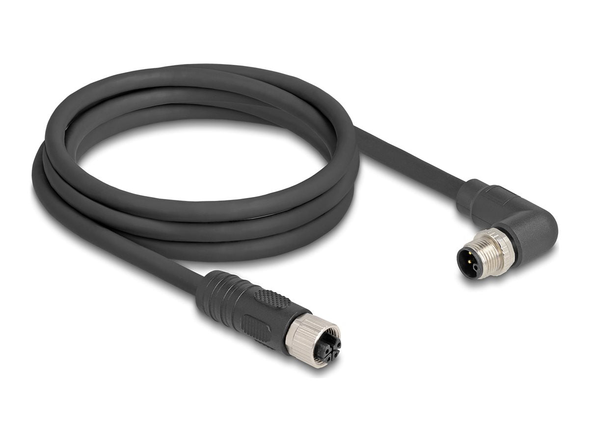 DELOCK M12 Kabel L-kodiert 4 Pin Stecker rechts gewinkelt zu Buchse gerade 2m schwarz - Vorderansicht
