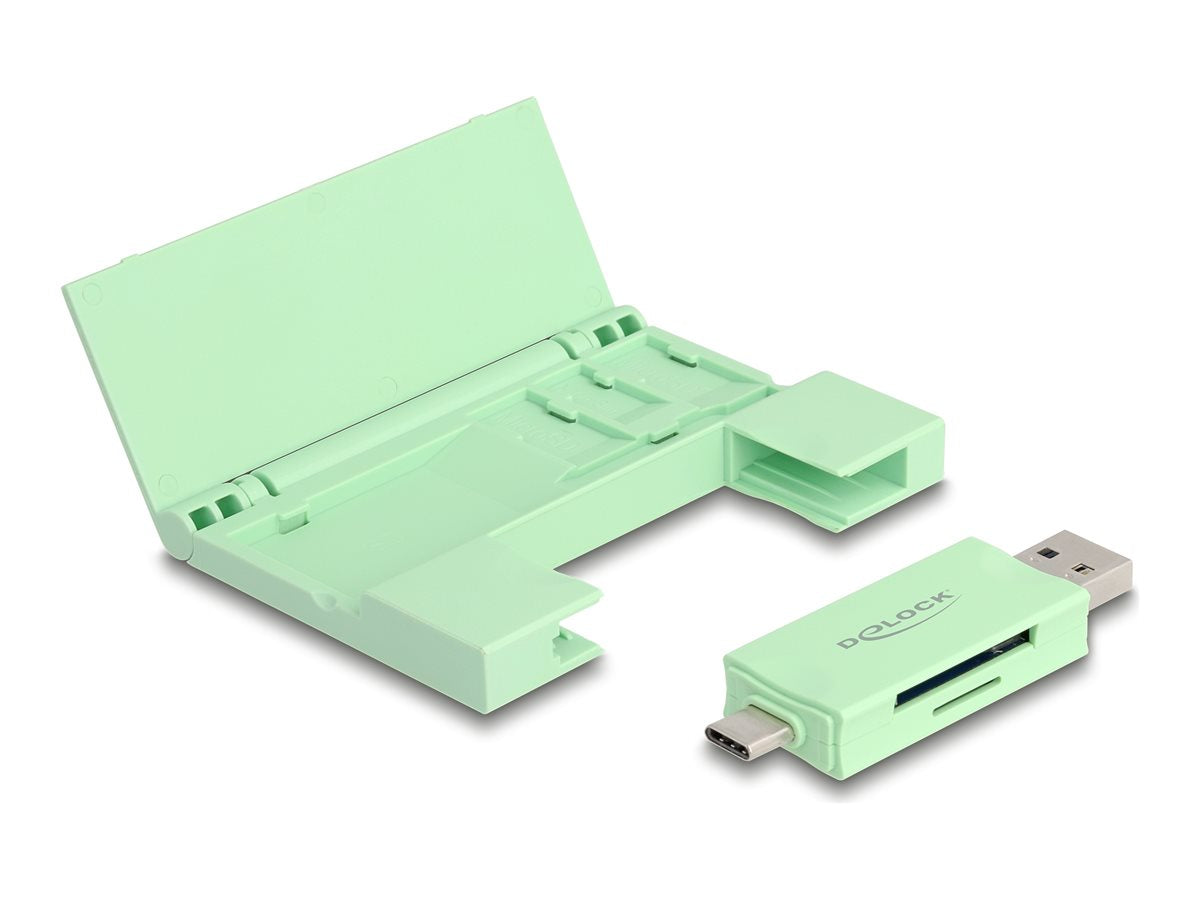 DELOCK Card Reader USB 5 Gbps USB Type-C / Typ-A fur SD und Micro SD Speicherkarten mit praktischem Speicherkarten Etui - mint