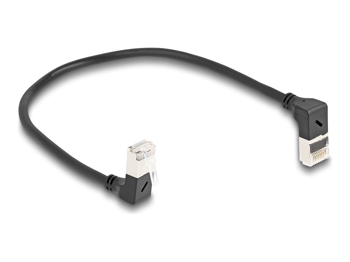 DELOCK RJ45 Netzwerkkabel Cat.6A S/FTP Slim 90 oben / unten gewinkelt 0,25m schwarz - Vorderansicht
