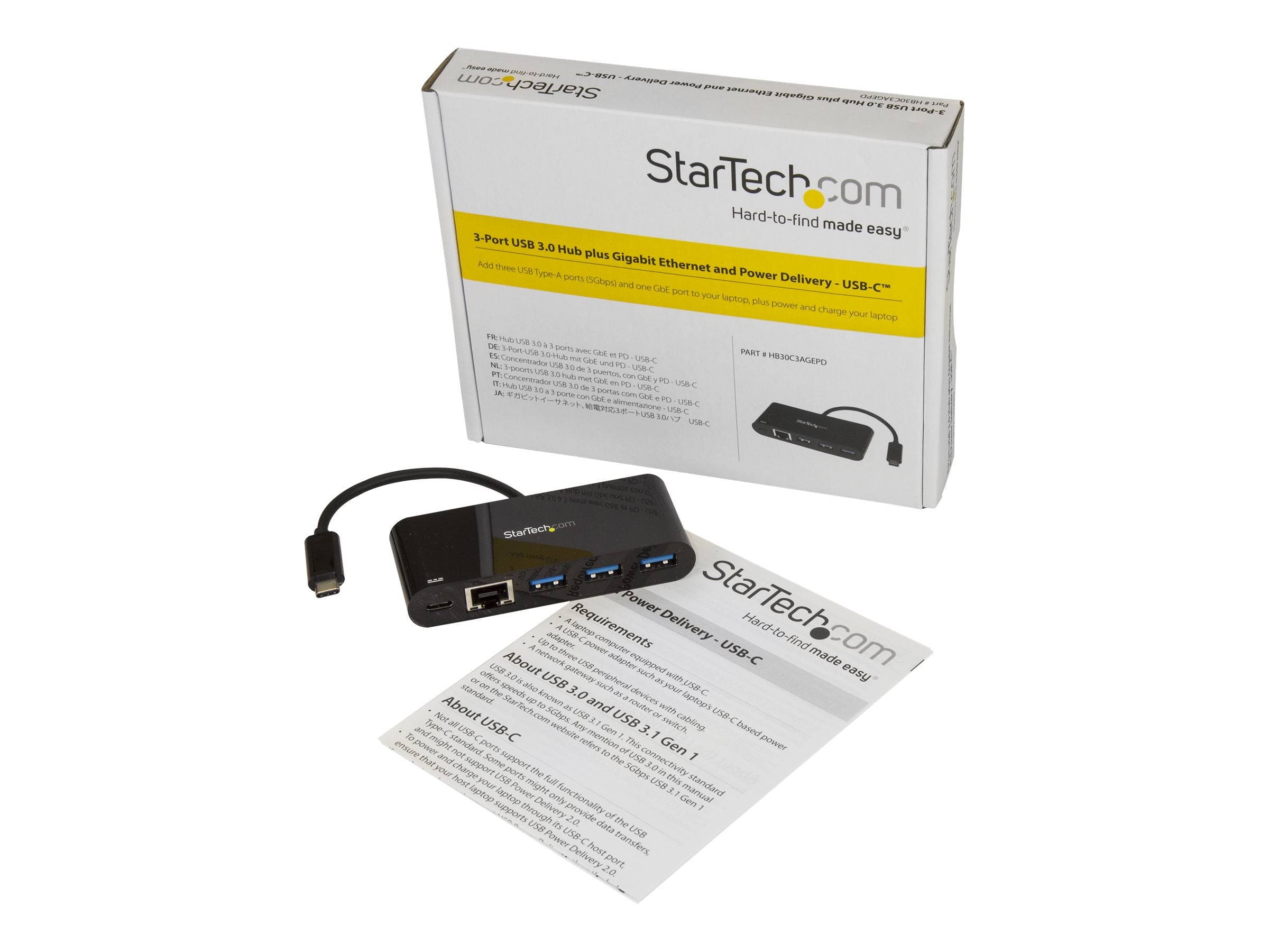 Vorderansicht des STARTECH.COM 3 Port USB 3.0 Hub mit Gigabit Ethernet und Stromversorgung