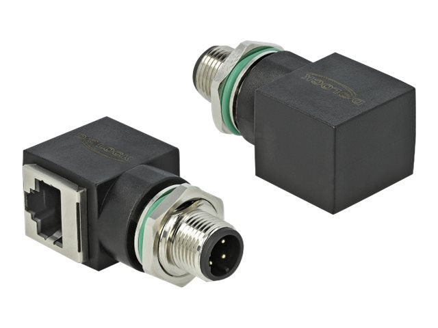 DELOCK Netzwerkadapter M12 4 Pin D-kodiert Stecker zu RJ45 Buchse - Vorderansicht