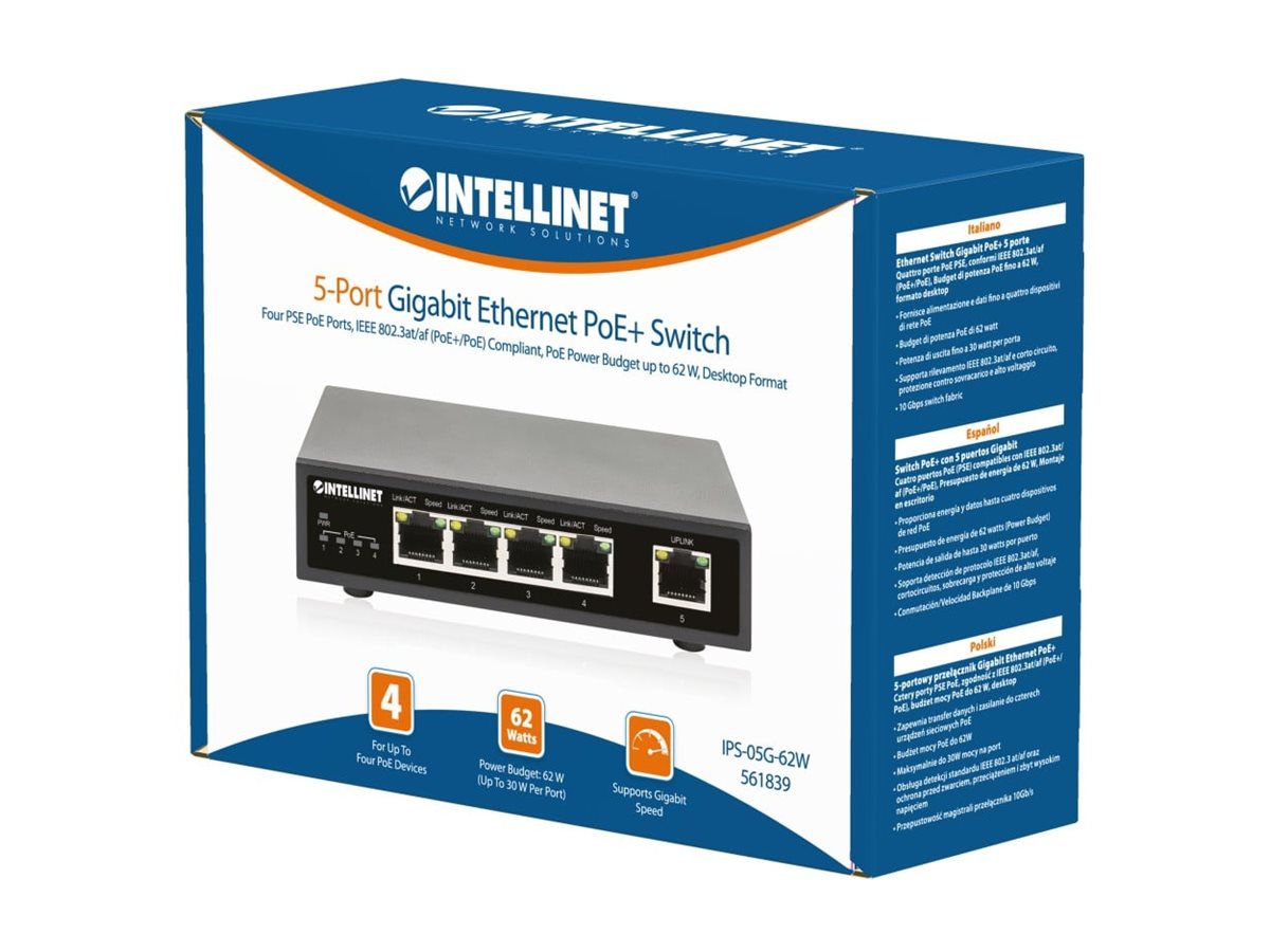 INTELLINET 5-Port Gigabit Ethernet PoE+ Switch 4 PSE PoE-Ports IEEE 802.3at/af PoE+/PoE-konform PoE-Strombudget 62W Desktop-Format