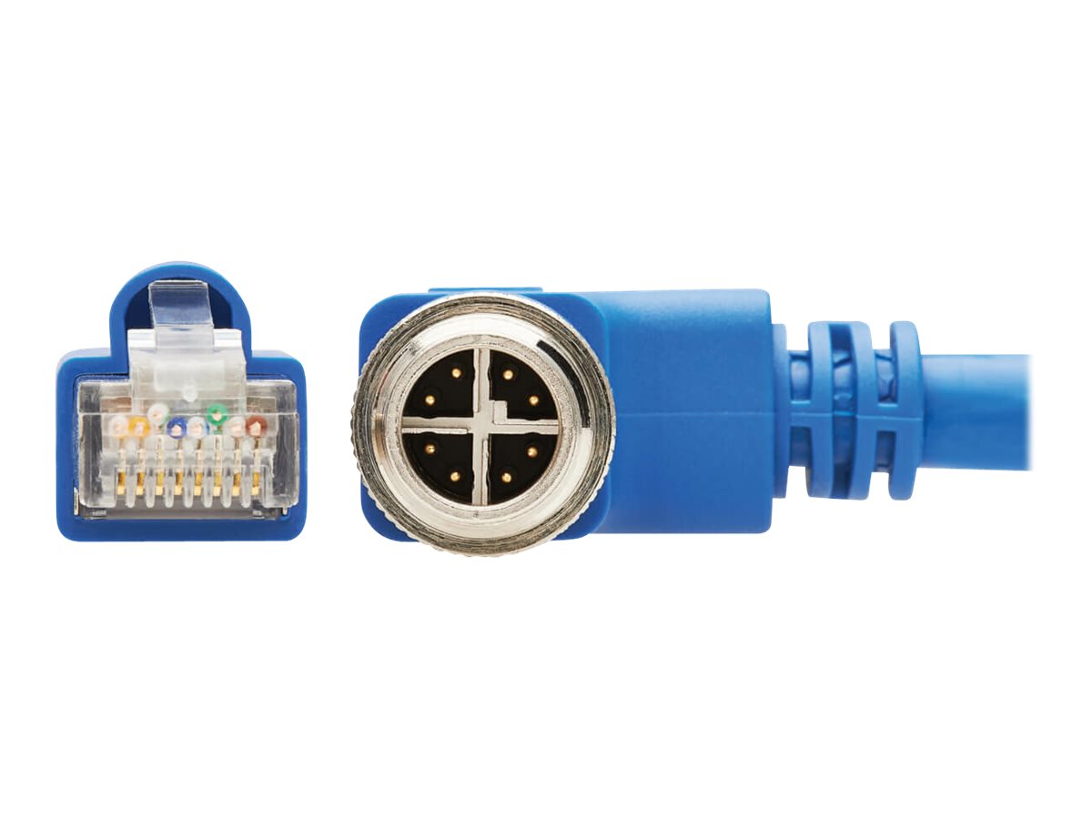 EATON TRIPPLITE M12 X-Code Cat6a 10G F/UTP CMR-LP Shielded Ethernet Cable Right-Angle M12m/RJ45m IP68 PoE Blue 1m