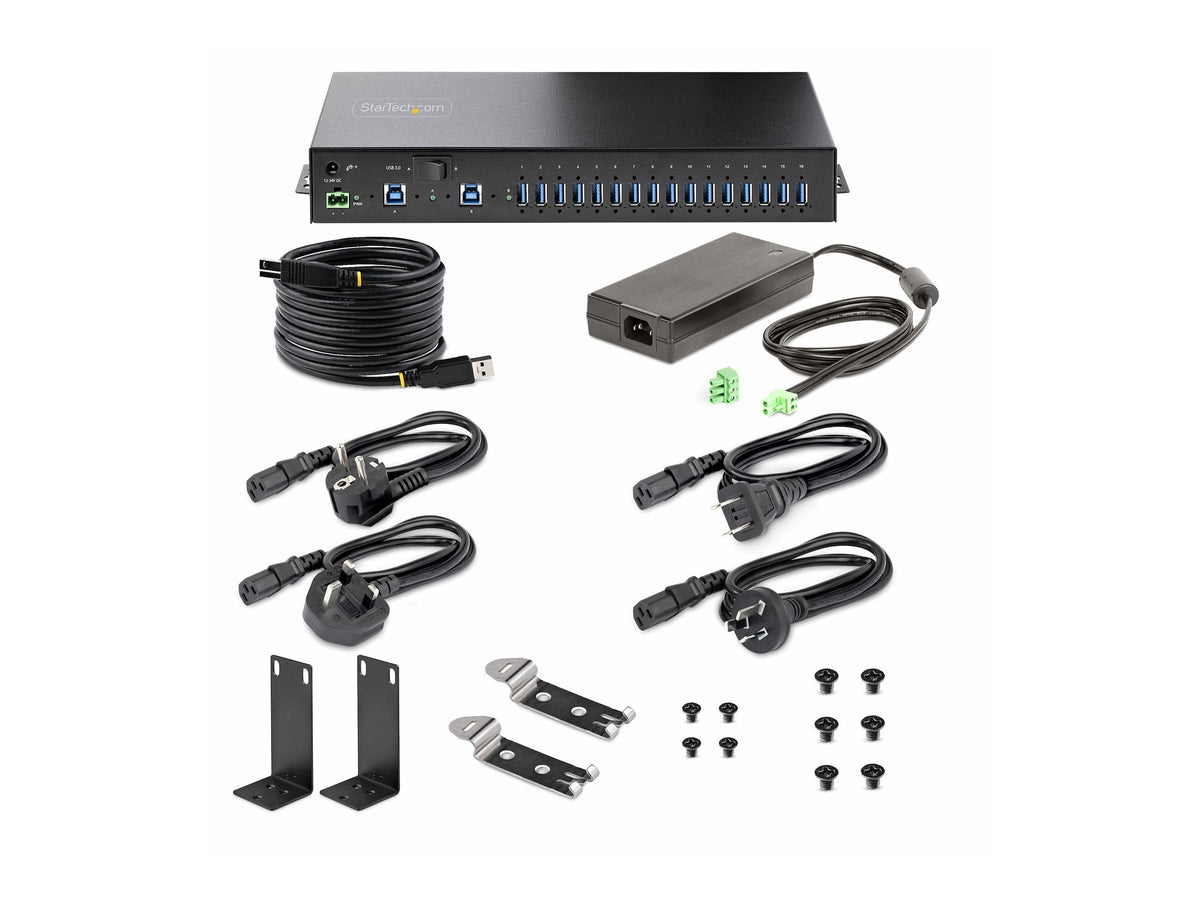 STARTECH.COM 16-Port Industrie USB 3.0 Hub mit Netzteil 5Gbps Verteiler/Mehrfachstecker fur DIN/Rack Dual-Host USB Switch