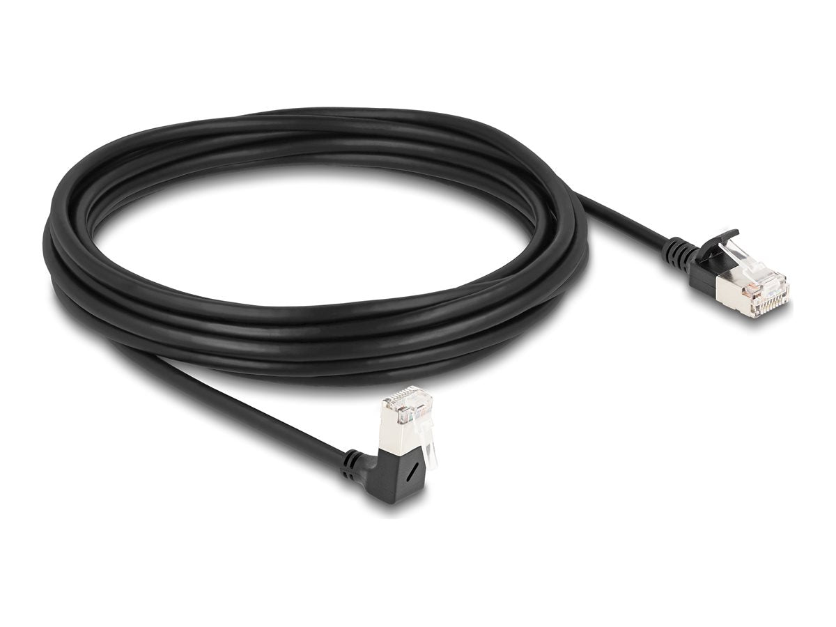 DELOCK RJ45 Netzwerkkabel Cat.6A S/FTP Slim 90 unten gewinkelt / gerade 5m schwarz - Vorderansicht