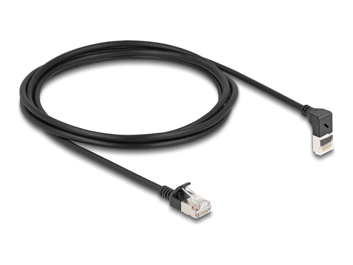 DELOCK RJ45 Netzwerkkabel Cat.6A S/FTP Slim 90 oben gewinkelt / gerade 2m schwarz - Vorderansicht