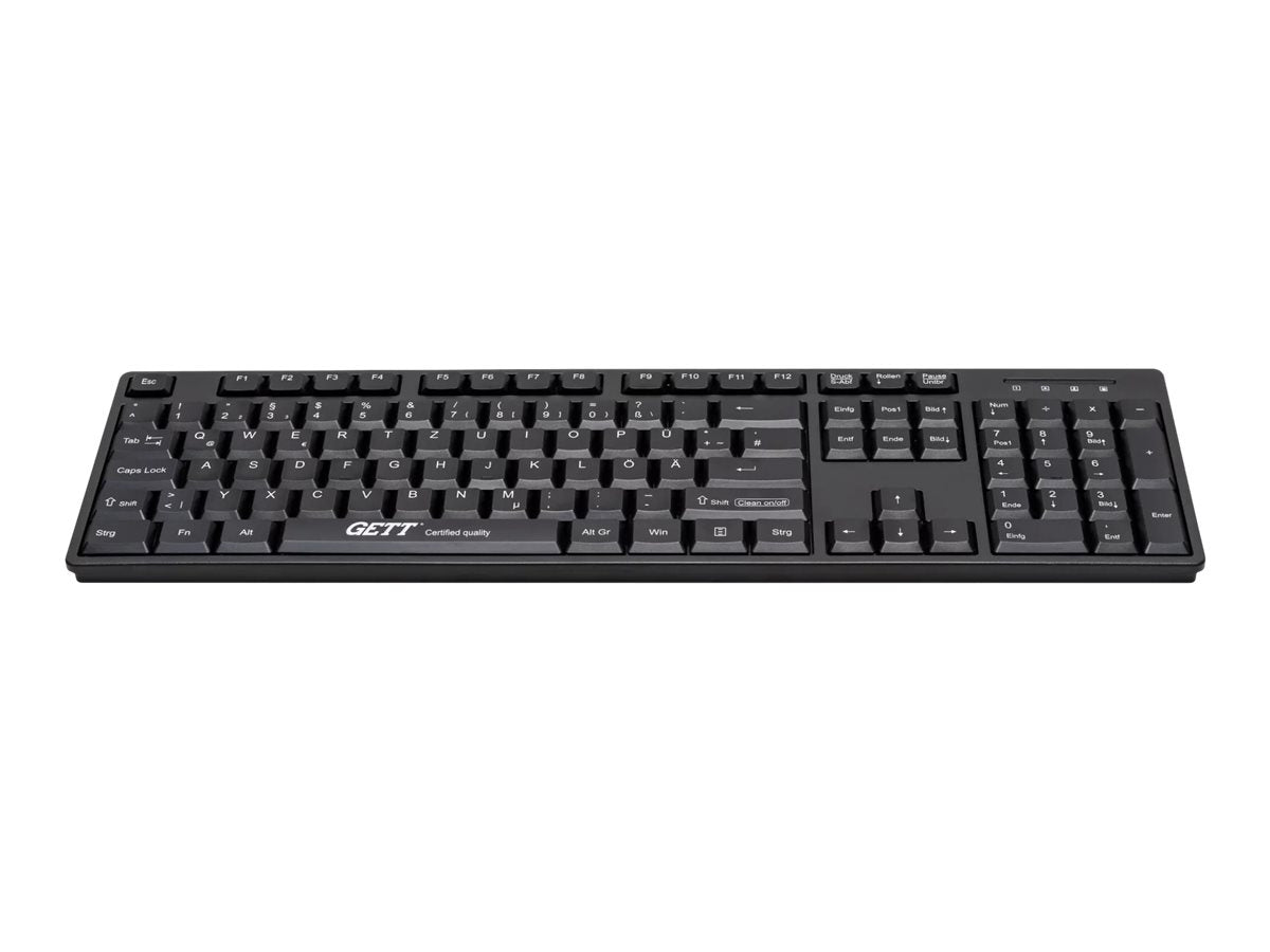 GETT GCQ CleanType Easy Basic Tastatur mit Kunststoffgehaeuse IP 68 NUM-Block 105 Tasten USB Farbe: schwarz Layout: US