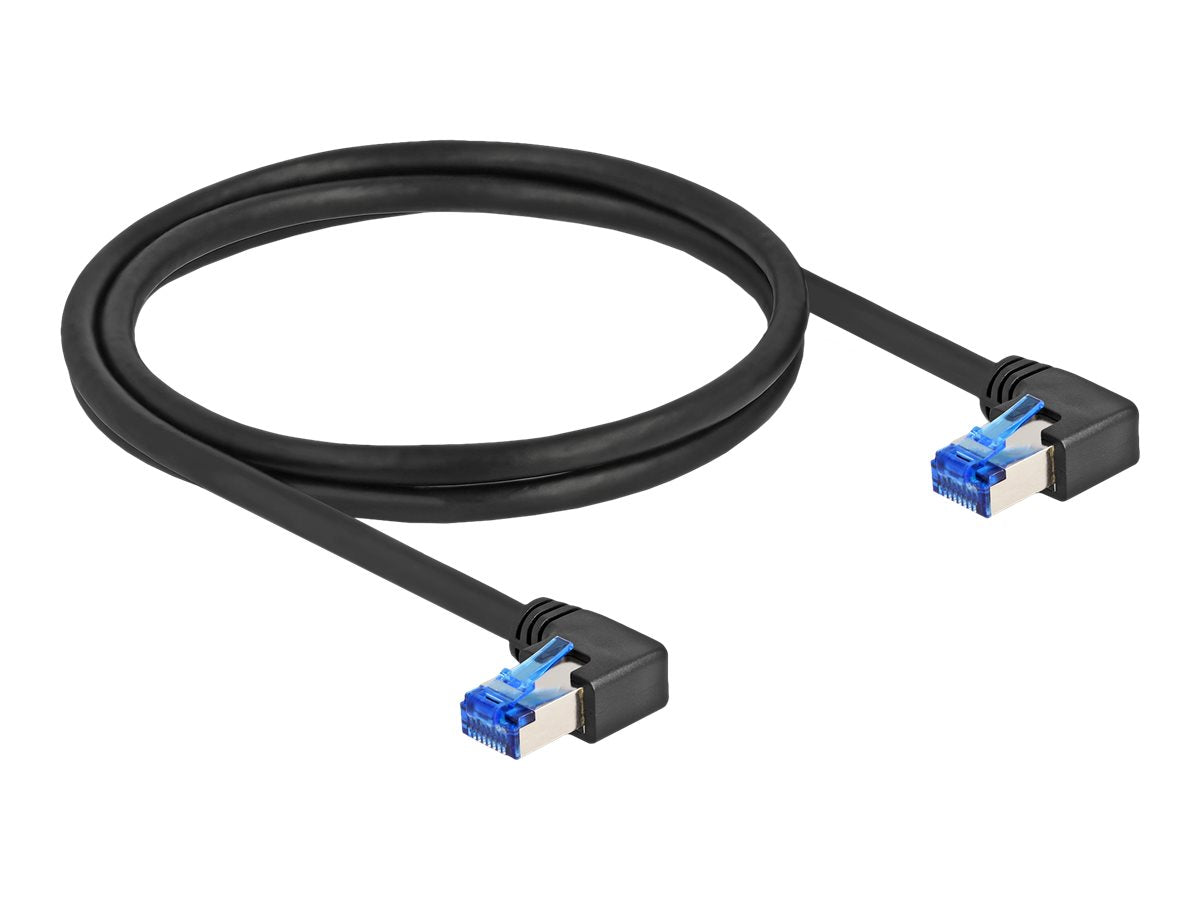 DELOCK RJ45 Netzwerkkabel Cat.6A S/FTP rechts gewinkelt 1m schwarz - Vorderansicht