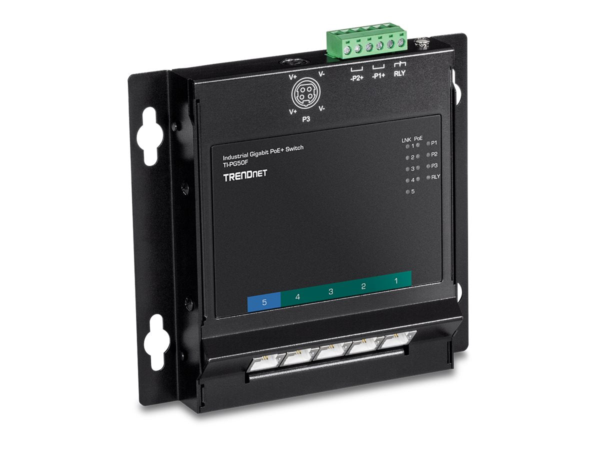TRENDNET 5-Port Industrieller Gigabit PoE+ DIN-Rail-Switch Vorderansicht