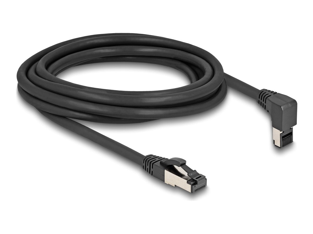 DELOCK RJ45 Netzwerkkabel Cat.8.1 S/FTP 90 oben gewinkelt / gerade 3m schwarz - Vorderansicht