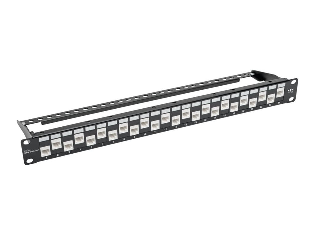 EATON TRIPPLITE 24-Port 1U Rack-Mount Cat6a/Cat6/Cat5e Offset Feed-Through Patch Panel with Cable Management Bar RJ45 Ethernet