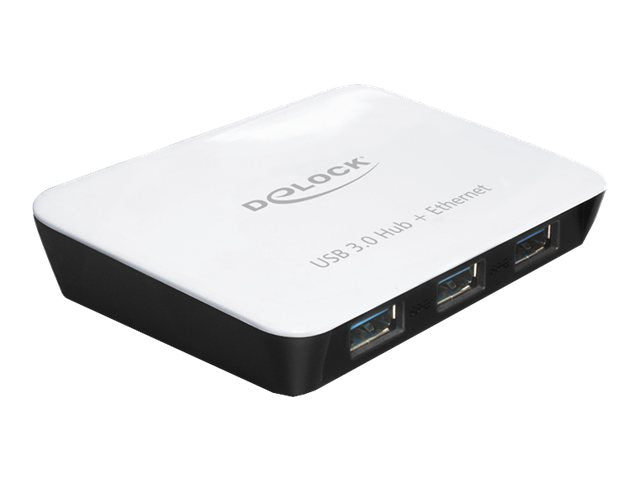DELOCK HUB USB 3.0 3 Port extern + 1 x Gigabit Lan Port schwarz-weiss - Vorderansicht