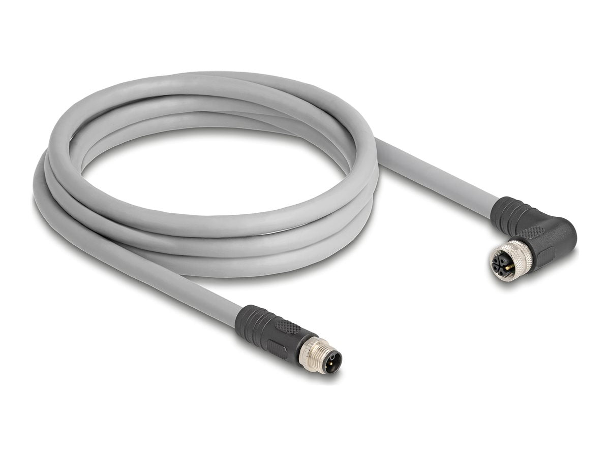 DELOCK M12 Kabel L-kodiert 5 Pin Stecker gerade zu Buchse rechts gewinkelt PUR schleppkettentauglich 2m grau - Vorderansicht